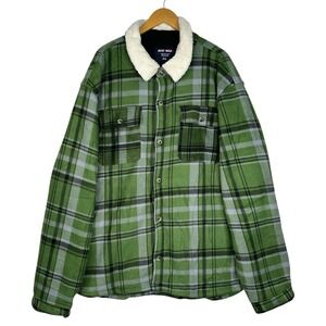 Sherpa Lined Mens Flannel Shacket Jacket Green Plaid Button Front 4XL Big Tall